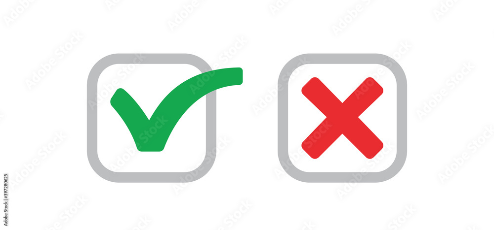 Check mark icons. Green tick and red x. Approval and decline symbols. Check mark icons. Green tick and red x. Approval and decline symbols.