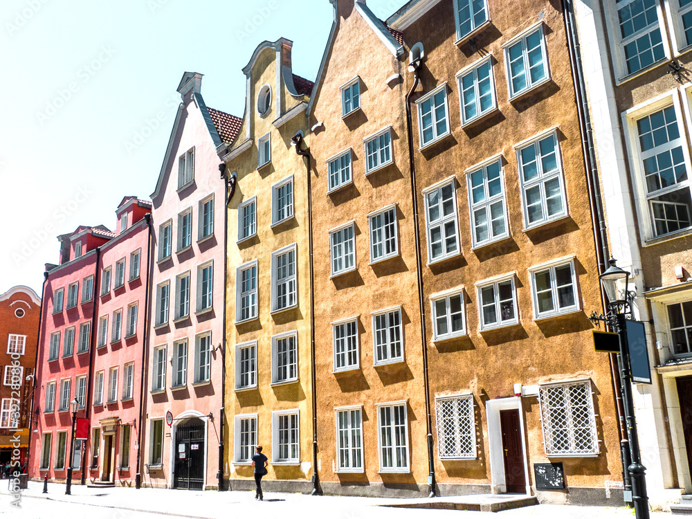 Old buildings and tenement houses in the city of Gdansk, historical monuments of Gdańsk, Poland.