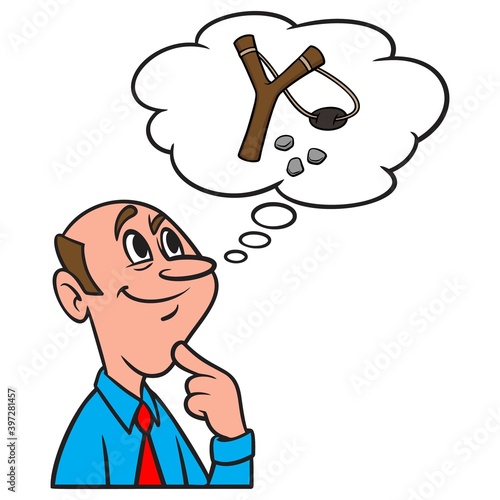 Thinking about a Slingshot - A cartoon illustration of a man thinking about a Slingshot for hunting.