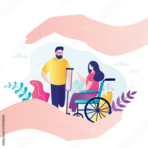 People with disabilities. Male character without leg with crutch. Cute woman sits in wheelchair. Concept of disabled care and handicapped protect