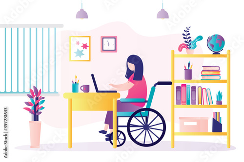 Handicapped woman studying at workplace. Female character sits in wheelchair. People disability. Concept of social adaptation and homeschooling