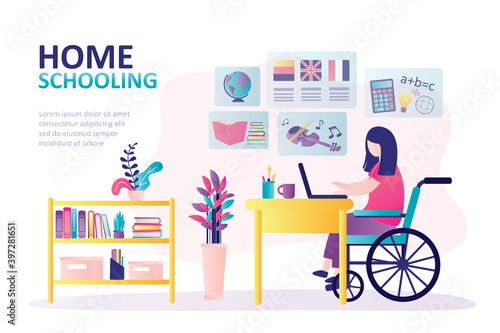 Disabled schoolgirl studying at laptop from home. Social adaptation of people with disabilities. Concept of homeschooling and online education