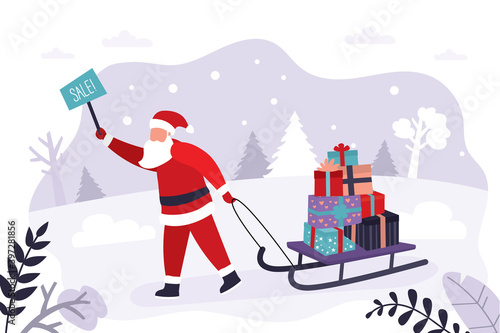 Santa Claus announces new year discounts and holiday sales. Father Christmas carries sled with gift boxes. Concept of winter holidays