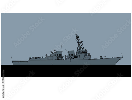 US Navy Arleigh Burke-class Flight II guided missile destroyer. Vector image for illustrations and infographics.