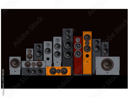 Acoustic Sound Systems. Front speaker, monitor, centre channel speaker, subwoofer. Vector image for illustrations.