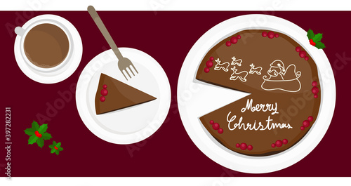 Illustration vector of cake with piece of cake and a cup of hot chocolate on top view Merry Christmas theme. 