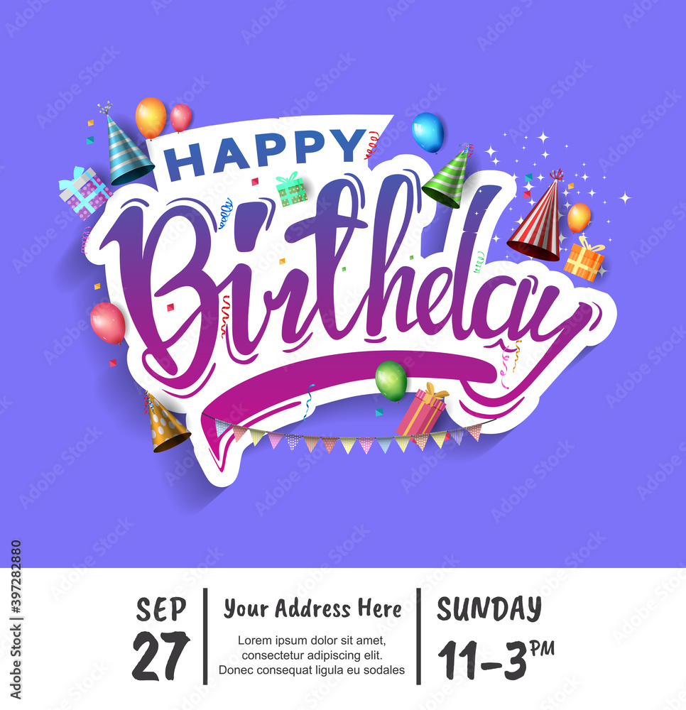 Obraz premium happy birthday vector design with balloons, gift box, hat, cake and confetti isolated on purple background can be use for celebration event