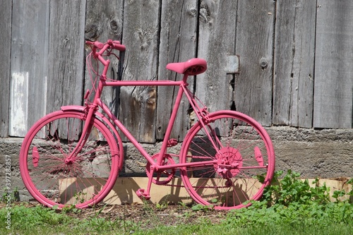 old bicycle painted pink beside barn