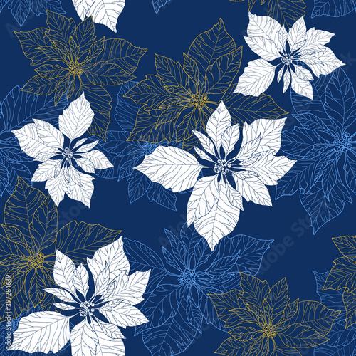 Winter background with cute designs with elements of a festive atmosphere with poinsettia flowers. christmas star with golden and blue color. Printing for wrapping paper, wallpaper, tablecloths.
