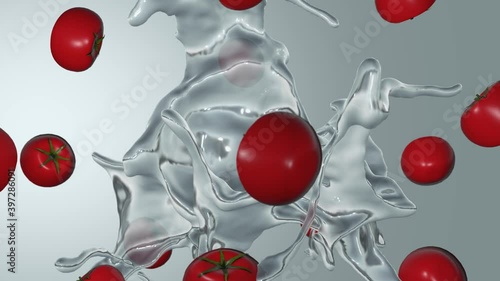 Fresh Tomatoes and water spinning in the air. High quality 4K seamless loop able (with alpha)