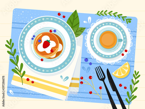 Sweet breakfast. Pancakes with berries on plate, cup of hot tea with lemon. Classic breakfast top view, wooden table, towel, leaves. Colorful, bright design. Illustration for banners, menu, web. 