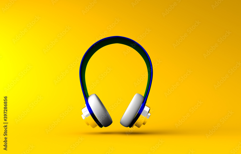 Blue headphones on a yellow background. Music. 3d rendering. Blue headphones on a yellow background. Music. 3d rendering.