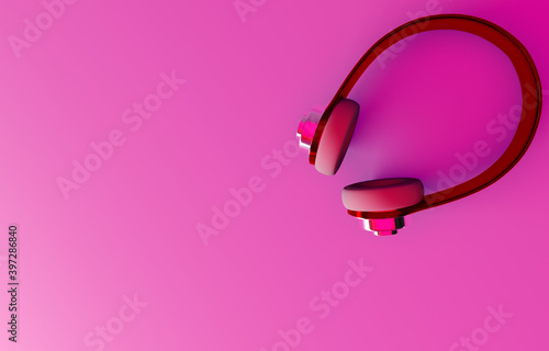 Red headphones on a pink background. Music. 3d rendering.