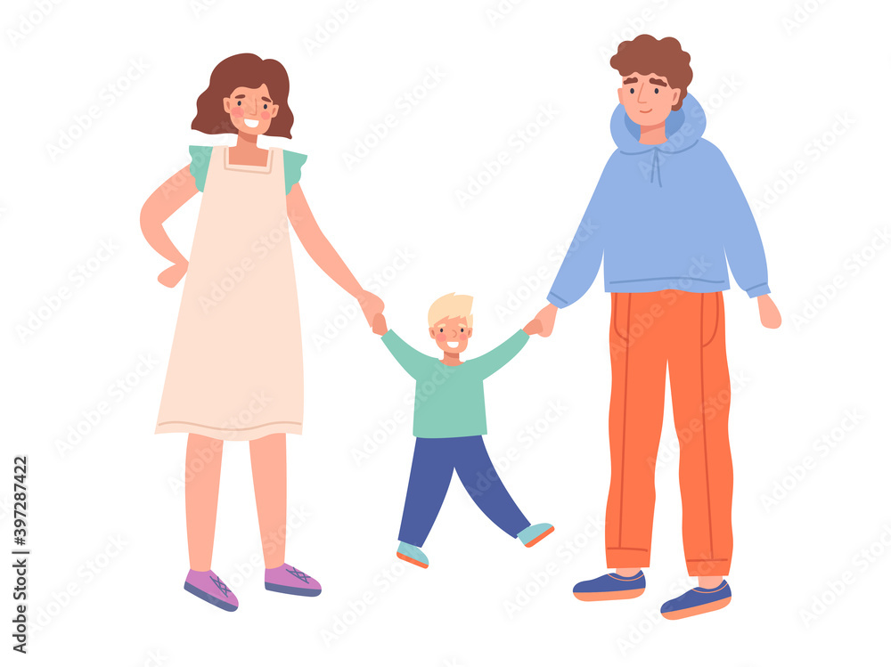 Mother, father and little son walking together. Concept family time together, relationship. Cartoon flat colorful vector illustration with fictional characters Mother, father and little son walking together. Concept family time together, relationship. Cartoon flat colorful vector illustration with fictional characters