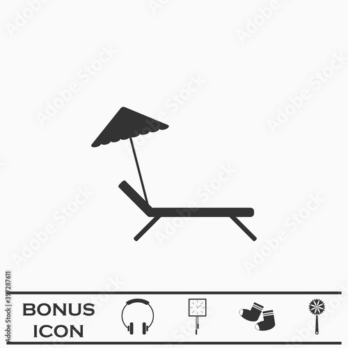 Beach umbrella and lounger icon flat.