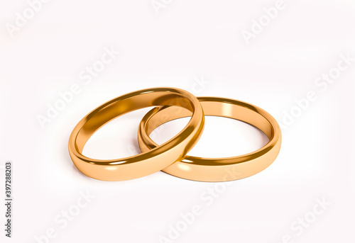 Wedding rings on a white background. Golden rings. Wedding accessory. 3D render.