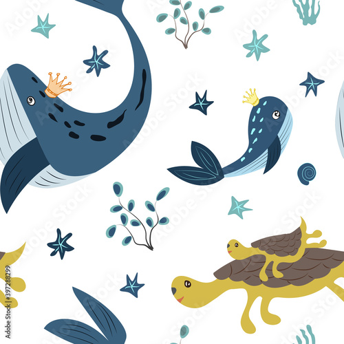 seamless pattern with funny whales and cute turtles - vector illustration, eps