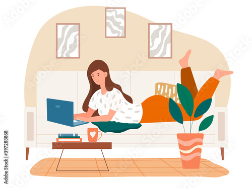 Concept of freelance work, job. Online work. Home workplace, workspace. Young woman lying on bed and using laptop computer. Modern cartoon flat vector illustration isolated on white background