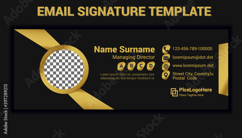 golden email signature template design vector with space for place photo logo information icon for corporate, business .email signatures illustration with contact phone for branding and communication