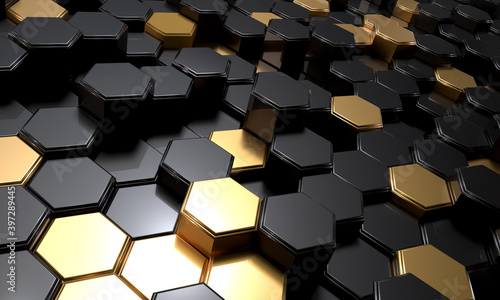 Abstract luxury background with golden and black hexagons.Background with hexagons at different levels. 3d rendering.