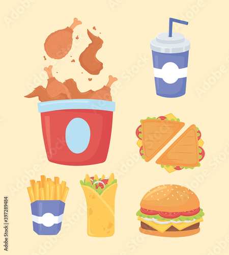 fast food, chicken sandwiches french fries burger and soda
