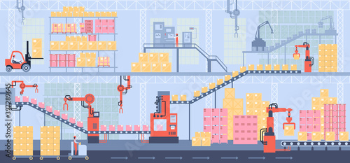 Automated sorting and product control, warehouse, conveyors, industrial robots. Concept warehouse storage interior 