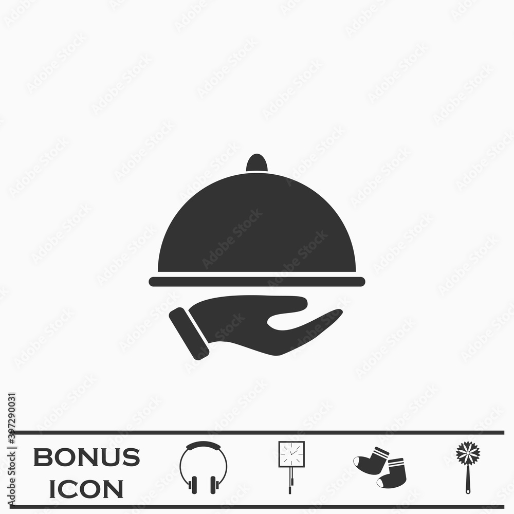 Fototapeta premium Restaurant cloche in hand the waiter icon flat