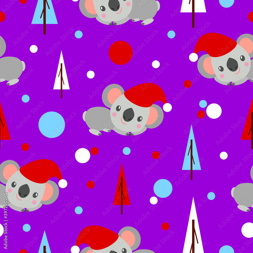 Seamless pattern with koala babies in red Christmas hats lying and smiling. Fir trees. Violet  background. White, red and blue confetti. Post cards, scrapbooking, textile, wallpaper, wrapping paper