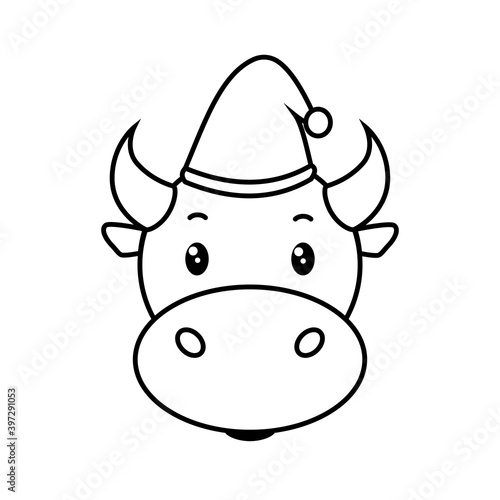 Cute cartoon bull with a cap and stars.. Hand drawn vector illustration. Black contour drawing isolated on white. Single funny happy animal character. Symbol 2021. for design, card, print, decor etc.