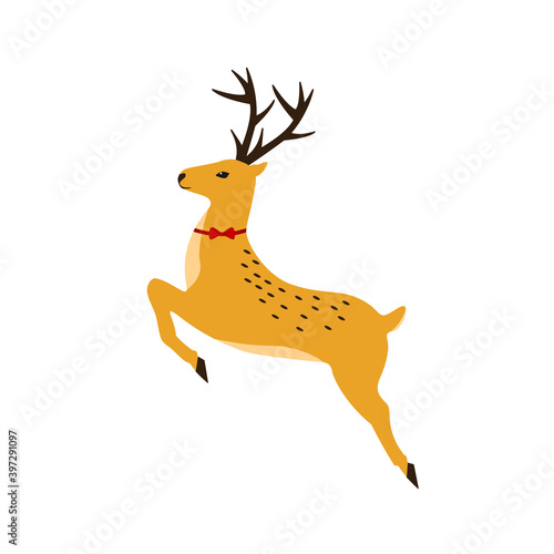 Christmas brown deer with a red bow jumped. Profile view vector outline sketch illustration isolated on white background. Eps 10
