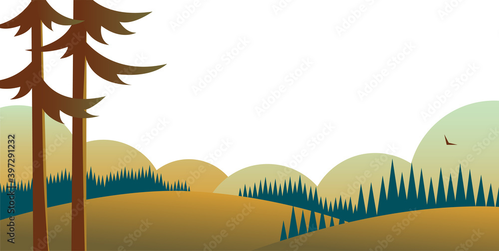 Landscape with pine trees, forests and fields. In the background sky and clouds. Beautiful wildlife. Vector illustration.