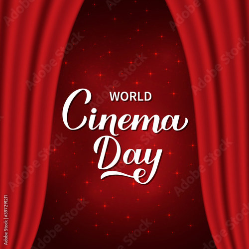 World Cinema Day calligraphy hand lettering. Scene with red velvet curtain. Vector template for logo design, banner, typography poster, greeting card, flyer, etc