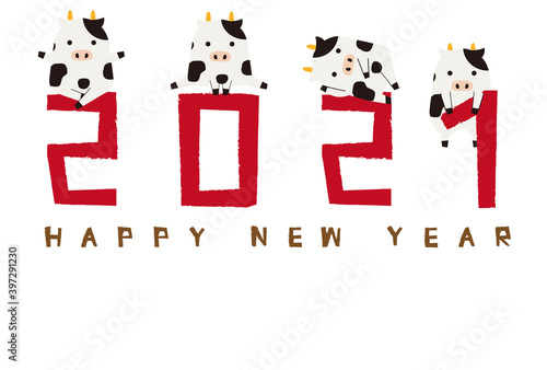 年賀状  年賀状2021　2021の上でポーズする丑