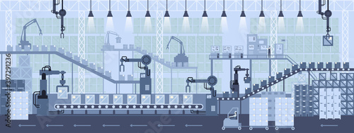 Creative vector illustration of factory line. Manufacturing industrial plant scene interior background. Automated sorting and product control. 