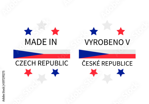 Made in Czechia labels in English and in Czech languages. Quality mark vector icon. Perfect for logo design, tags, badges, stickers, emblem, product package, etc.