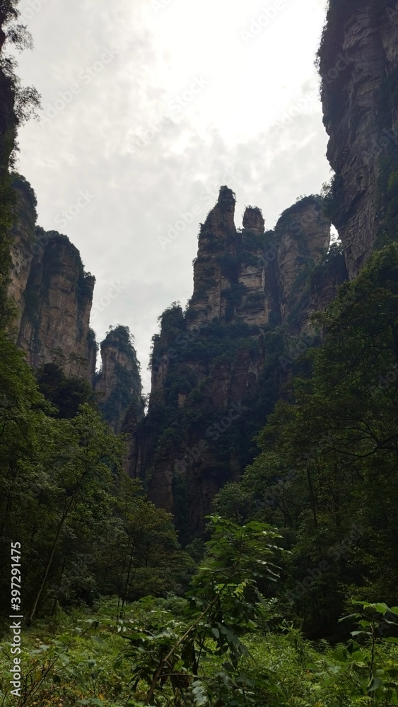 The sandstone pillars. Mountains in the national park Wulingyuan. Zhangjiajie. UNESCO World Heritage Site. China. Asia