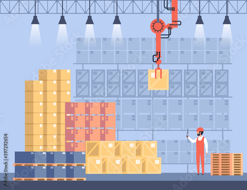 Warehouse Interior. Goods, Freight, Cargo on Shelf. Storage with Pallet, Container and Box.