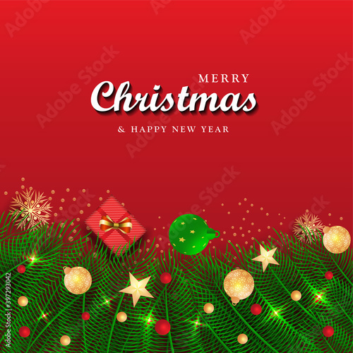Happy New Year Christmas Modern Red and Festival background design With gift box, Balls and stars. new year banner, Christmas banner, Happy new year, new year background, simple banner design.
