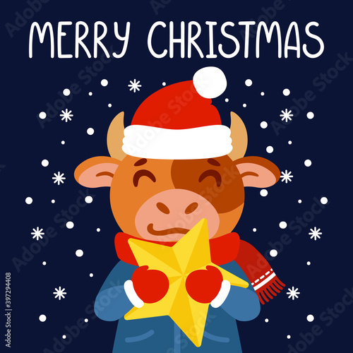 Bull with a yellow star. Ox symbol of the Chinese New Year 2021. Merry Christmas greeting card, poster design. Vector illustration with cute character isolated background. Hand drawn lettering quote.