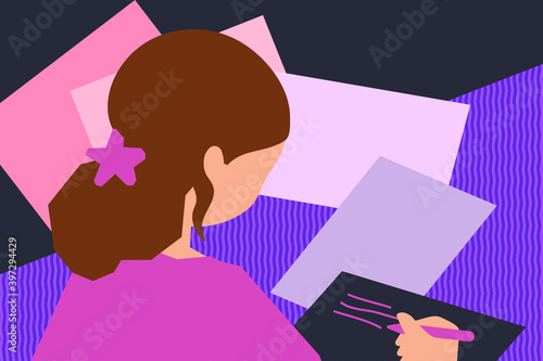Over the shoulder view of woman working at desk and writing on paper. Home office vector illustration.