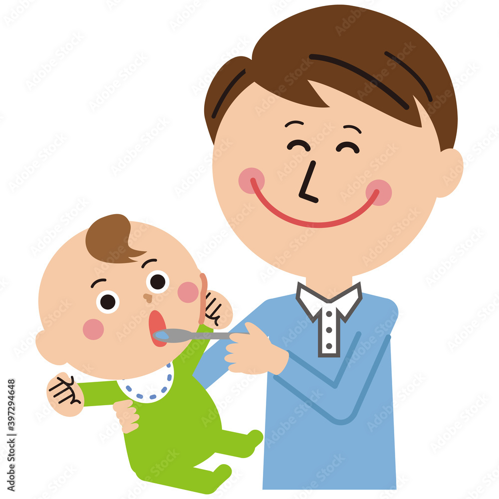 ポップな親子　赤ちゃんとパパ　抱っこ　離乳食ORスプーンで水分補給