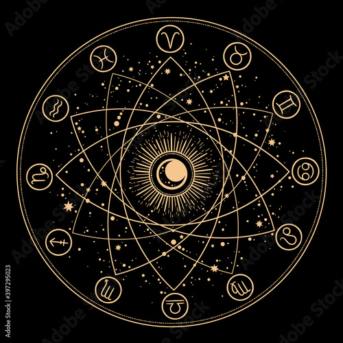 esoteric composition of geometric shapes and signs of the zodiac photo