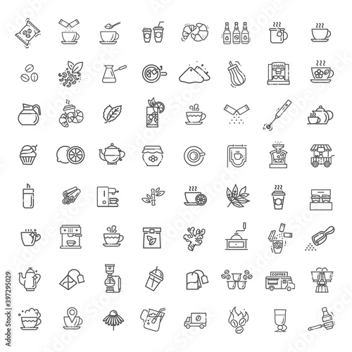 Coffee and tea vector icons set. Thin line design