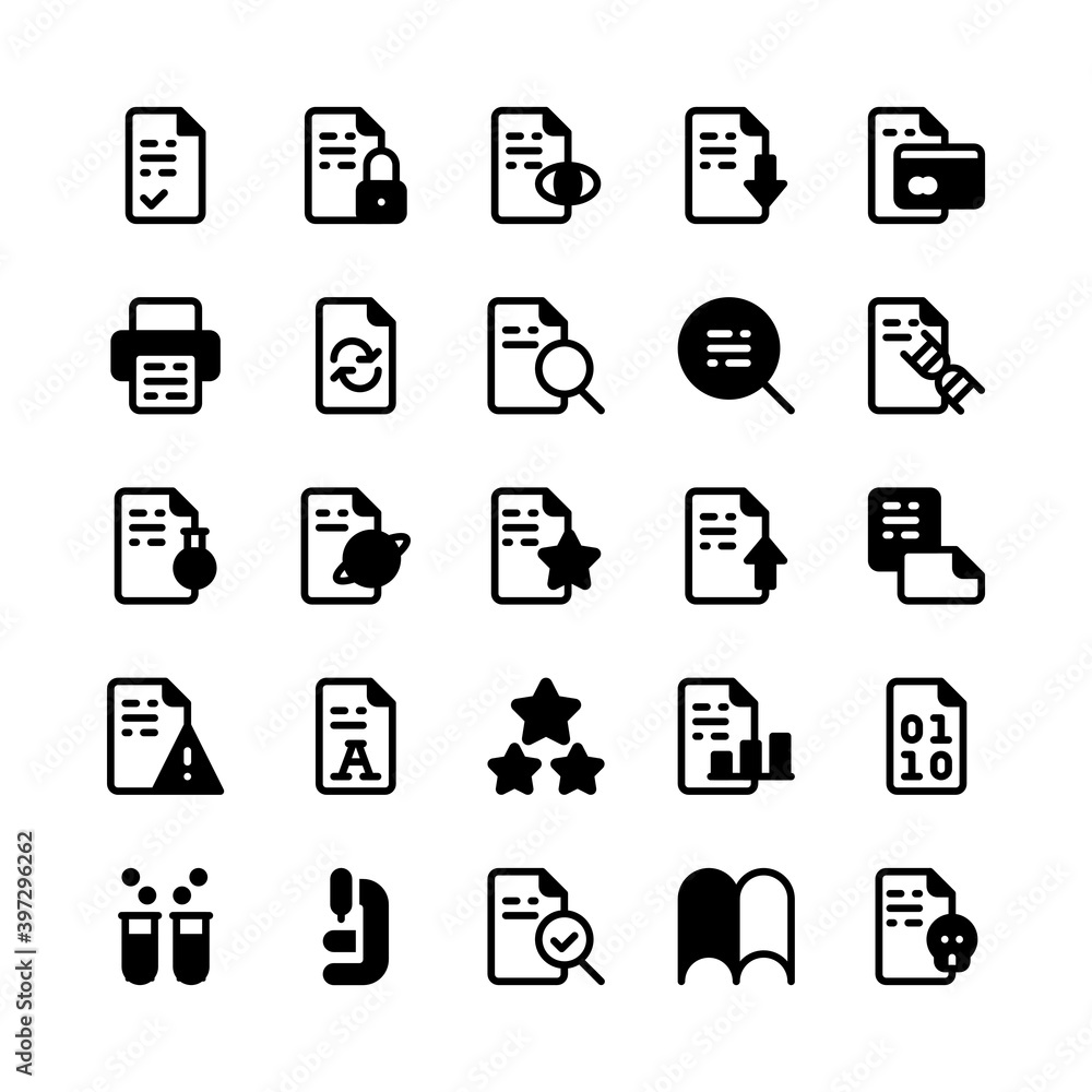 Set of Scientific Paper Academic Journal Glyph style icon - vector