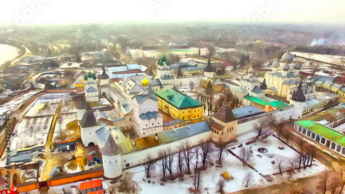 Drone flight over the old russian orthodox monastery colorful painting