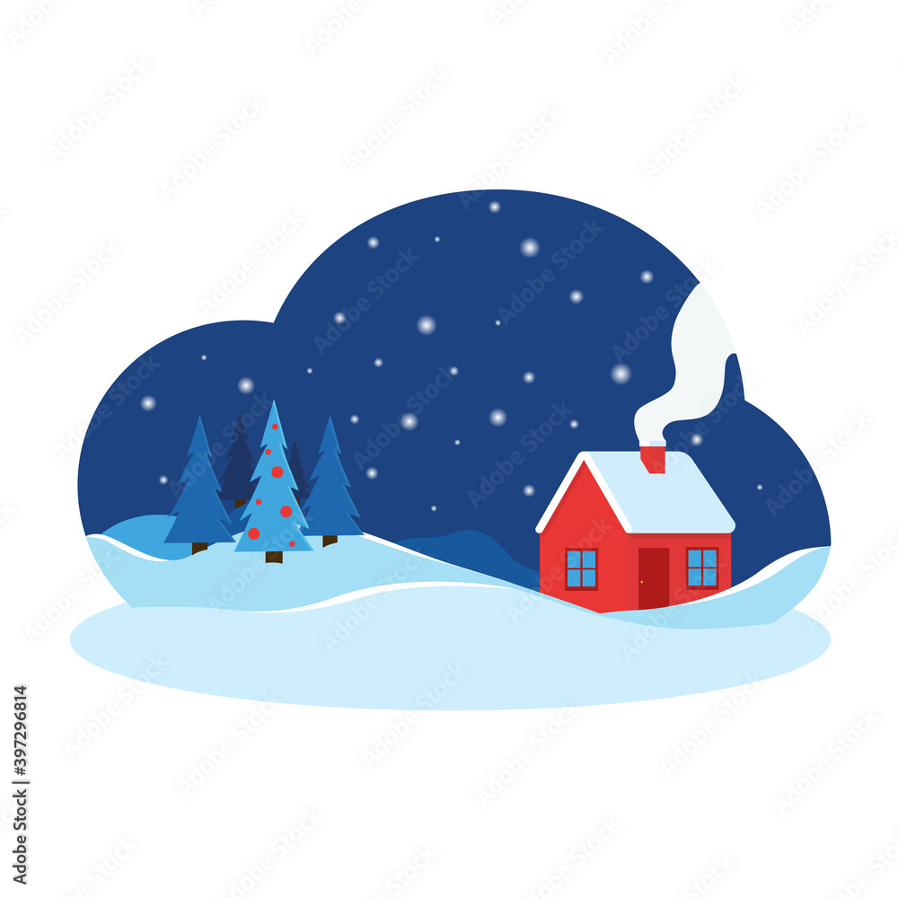 Winter landscape with house, christmas trees and snow. Xmas background