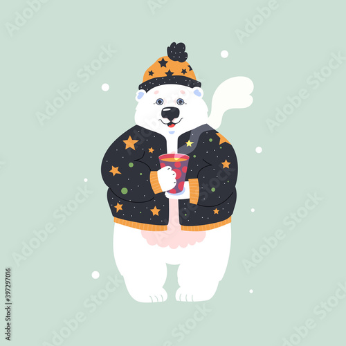 Funny polar bear with a hot cup of tea. Flat vector illustration.