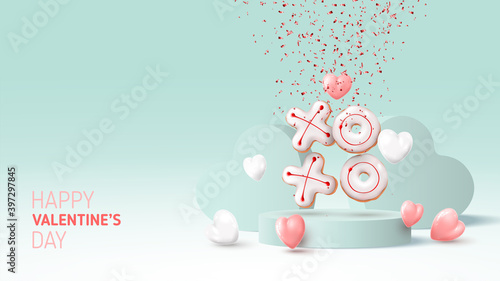 Happy Valentine's Day card. Holiday background with white and pink hearts, round stage, realistic XO cookies and confetti. Vector illustration with 3d render object.