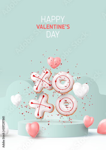 Happy Valentine's Day poster. Holiday background with white and pink hearts, round stage, realistic XO cookies and confetti. Vector illustration with 3d render object.