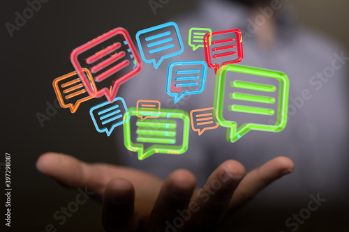 Digital icons with colorful dialog speech bubbles.